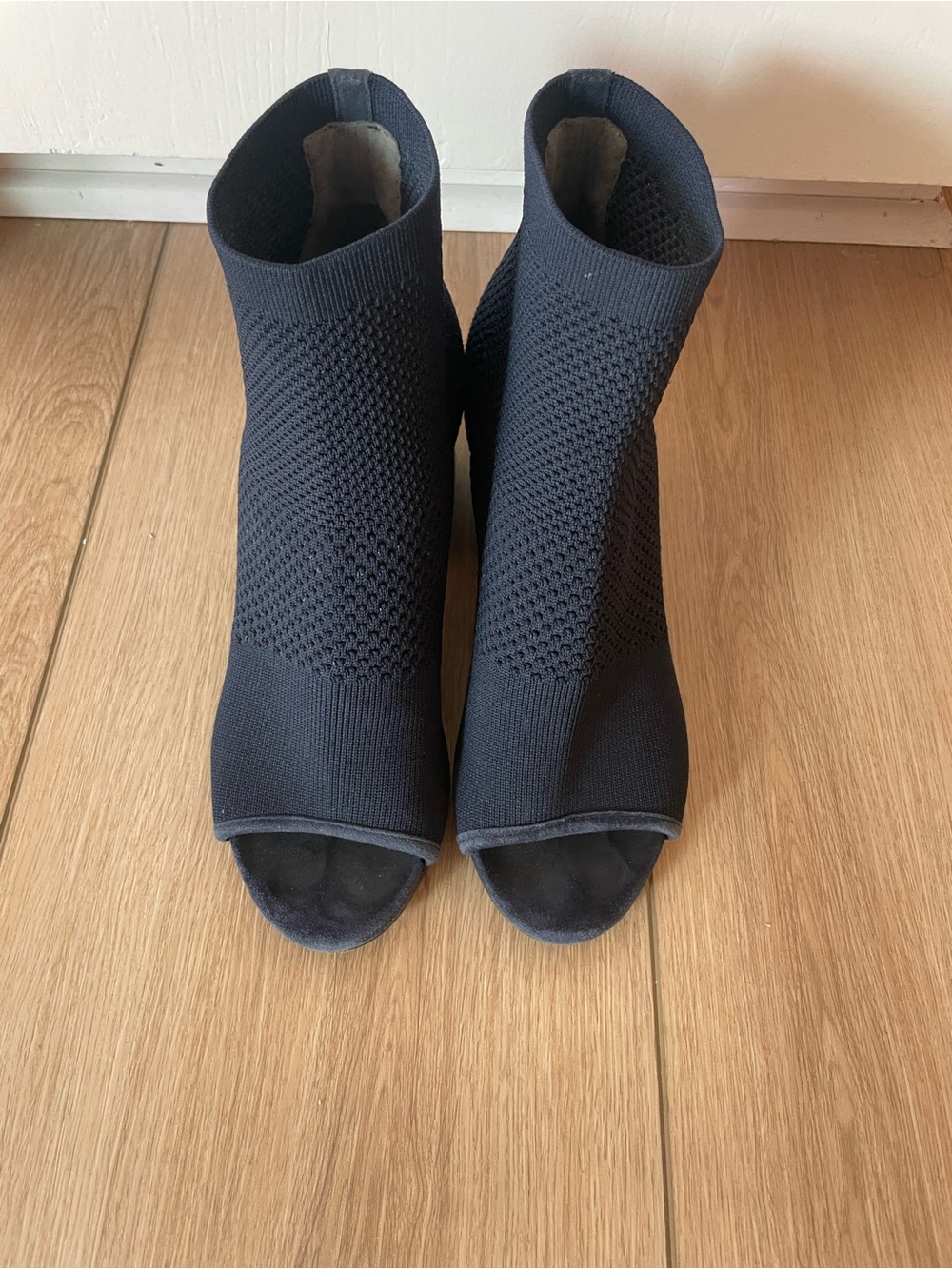 Eileen Fisher Blue Knit Peep-Toe Sock Booties